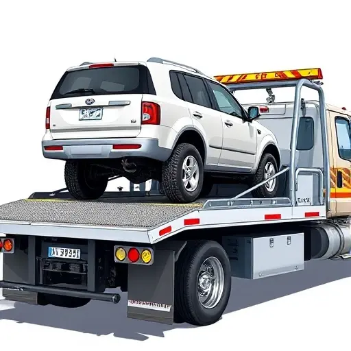 эвакуатор со сдвижной платформой A detailed illustration of a tow truck with a sliding platform, showing the platform extended and a vehicle being loaded onto it, rendered in the smallHQ style with realistic lighting and clear focus on the machinery, without any text or logos.