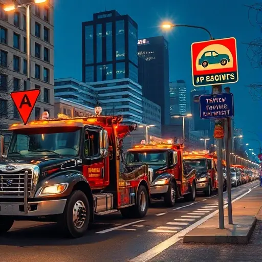 A bustling Moscow street scene featuring a fleet of heavy-duty tow trucks parked along the curb, illuminated by bright city lights, with modern skyscrapers in the background, and a traffic sign displaying a tow truck symbol. The image should capture the dynamic and industrial vibe of the tow truck market in Moscow, focusing on the trucks' robust design and the urban environment.