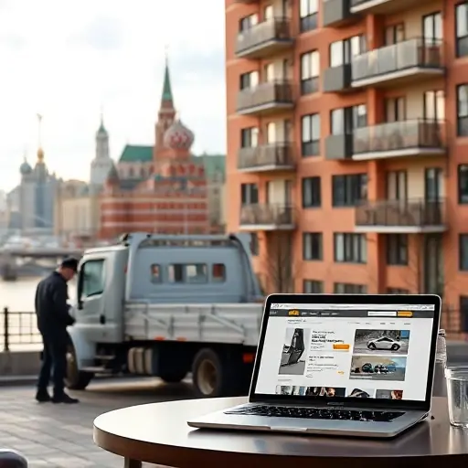 Авито Москва: Покупка Б/У Эвакуаторов – Полный План A realistic scene set in Moscow showing a used tow truck parked near a modern apartment building, with a person examining the vehicle and a laptop open on a nearby table, the laptop screen displaying a generic online marketplace layout without any visible text or logos. The background includes recognizable Moscow architecture such as the Kremlin silhouette and the Moskva River, all rendered in a compact high-quality style.