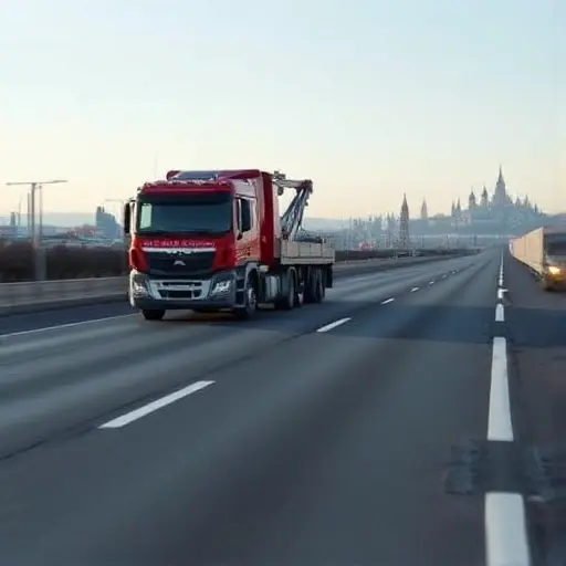 A realistic scene of a large tow truck (evakuator) driving on a long Russian highway, with a backdrop showing the transition from the industrial cityscape of Chelyabinsk to the skyline of Moscow in the distance. The road stretches ahead under a clear sky, with subtle hints of the Ural mountains near the foreground and the Moscow Kremlin silhouette far ahead. The tow truck is prominently centered, showing its robust chassis and trailer, but no text or signage on the vehicle.