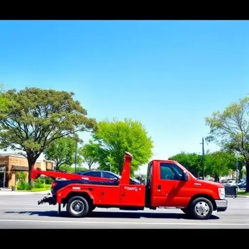 эвакуатор нижний дешево A compact tow truck in a city street, painted bright red, pulling a small sedan, with a clear blue sky and green trees in the background, no text or logos visible