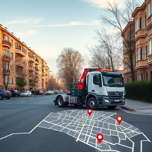 A realistic scene of a tow truck parked on a quiet street in the Medvedkovo district of Moscow, with a detailed city map overlay subtly indicating the exact location using pins and coordinates, but without any visible text or numbers. The background shows typical Moscow residential buildings, trees, and a clear sky, emphasizing the precise positioning of the vehicle in the neighborhood.