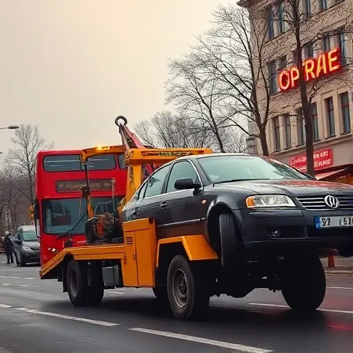 A tow truck in a bustling Moscow street, pulling a car onto a city road. The scene shows the iconic red double-decker bus in the background, the bright neon signs of a nearby café, and the gray sky typical of Moscow. The tow truck is a classic yellow model with a visible winch and a large hook gripping the front of the car. The towed car is a mid-size sedan, partially visible, with a slight tilt as it is being lifted. The street is lined with trees and a few pedestrians in winter coats, but the focus remains on the tow truck and the car being towed.