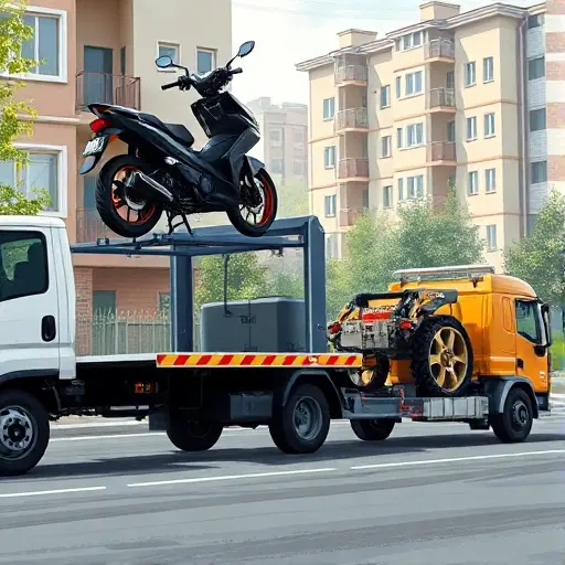 A detailed illustration of a modern tow truck (evacuator) in a South Moscow street scene, lifting a motorcycle onto its platform while another smaller trailer carries a piece of special equipment, such as a construction machine component. The background shows typical Moscow residential buildings and a hint of greenery, with realistic lighting and perspective. The focus is on the vehicles and the action of towing, without any text or signage.
