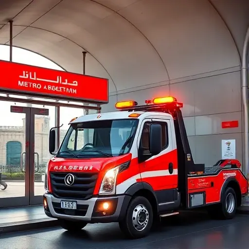 A bright, realistic depiction of a modern tow truck parked beside a bustling Moscow metro station entrance. The scene shows the iconic red and white metro signage, a clear view of the station's glass doors, and a hint of the city skyline in the background. The tow truck is in a dynamic pose, with its front lights on, ready for quick service. No text, letters, or numbers are present in the image.