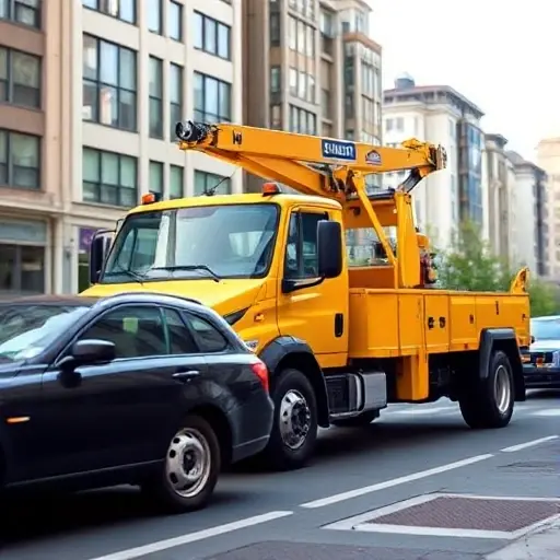 A modern yellow tow truck with a crane parked on a city street near a car with a flat tire, daytime, urban background with buildings, high quality, detailed