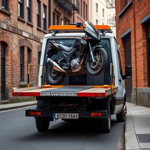 A compact tow truck parked on a narrow city street, with a motorcycle being lifted onto a hydraulic platform. The scene shows a clear view of the tow truck's front, the motorcycle on the platform, and a backdrop of modest brick buildings. Natural daylight lighting with subtle shadows, no text or signage visible.