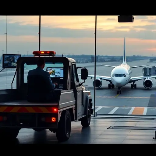 A realistic depiction of a tow truck parked near a runway at Moscow airport, with a dispatcher in a control room communicating via radio, showing a calm, professional atmosphere, no text or signage visible.