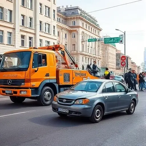 A tow truck parked on Bogucharskaya Street, with a broken car in front of it. The scene shows the street with typical city buildings, a traffic light, and a small crowd of bystanders watching the tow operation. The tow truck is in a bright, reflective color, and the broken car has a flat tire and a visible dent. The setting is daytime with clear skies, and the overall composition captures the tension of a vehicle breakdown in an urban environment.