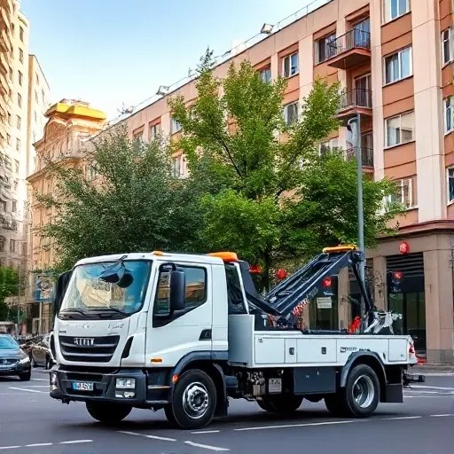 Эвакуатор в районе Сокол: Полное руководство A modern tow truck parked on a city street in the Sokol district, surrounded by urban buildings, trees, and a clear sky, with no text or signage visible