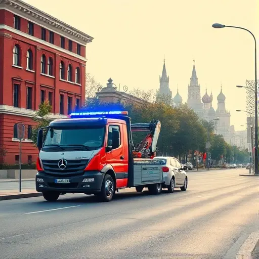 A realistic scene of a Moscow street during daytime, featuring a modern tow truck with flashing blue lights parked beside a compact car. The background shows recognizable Moscow architecture such as a red brick building with classic windows and a distant view of the Kremlin towers under a clear sky. The street is lined with trees and street lamps, and there are subtle hints of traffic signs without any readable text. The focus is on the tow truck and the urban environment, conveying readiness for vehicle evacuation.