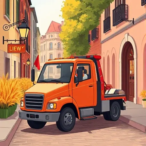 A realistic smallHQ style illustration of a tow truck (evakuator) parked on a charming street called Alley of the Golden Sheaf, with golden wheat sheaves lining the sidewalks and subtle visual cues suggesting hidden fees being avoided, such as a crossed‑out receipt icon and a calm driver reviewing a guide, without any text, letters, or numbers.
