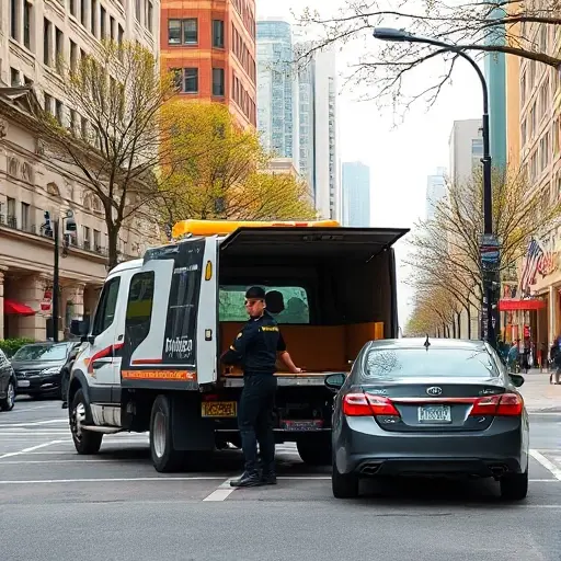 A modern tow truck on a bustling urban street, with the driver in a uniform opening the truck's rear hatch to assist a parked car, surrounded by city buildings, trees, and streetlights, captured in a realistic daytime scene