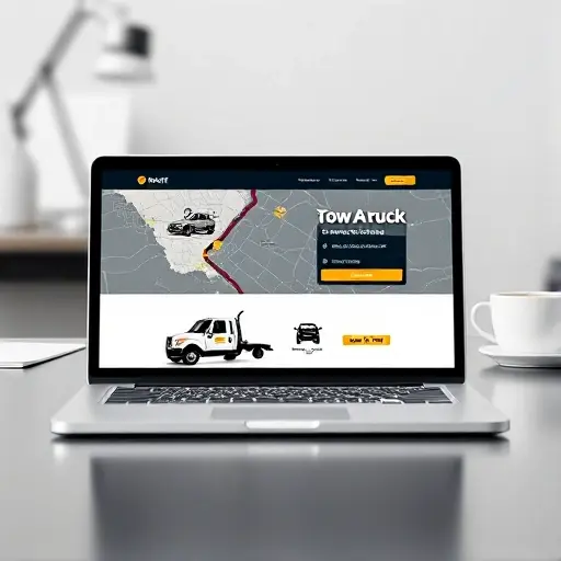 A sleek, modern laptop or tablet screen displaying a tow truck website interface. The screen shows a map with a highlighted route, a tow truck icon, a car icon being towed, and interactive buttons for booking a tow. The background is a subtle office setting with a desk and a cup of coffee. The overall composition is clean, minimalistic, and high-contrast, with a focus on the digital interface and the tow truck imagery.