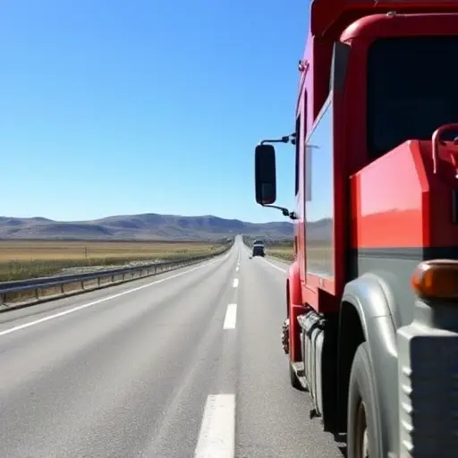 A tow truck on a highway heading from Saransk to Moscow, shown from a slightly elevated angle with the truck's front and a visible tow hook, the road stretching into the distance over a gently rolling Russian landscape, a clear blue sky, and a subtle map overlay indicating the route from Saransk to Moscow—all without any text, letters, or digits in the image