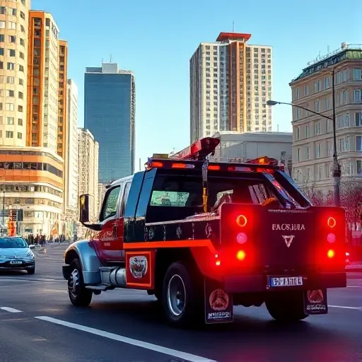 Эвакуатор Москва САО: Полное руководство по заказу и выбору A realistic scene of a tow truck parked on a city street in the North-Eastern district of Moscow, with recognizable Moscow architecture such as high-rise buildings and the Moscow River in the background, under a clear sky. The tow truck is the focal point, showing its hook and lights, but without any text, logos, or signage. The atmosphere is professional and helpful, conveying the service of vehicle recovery.