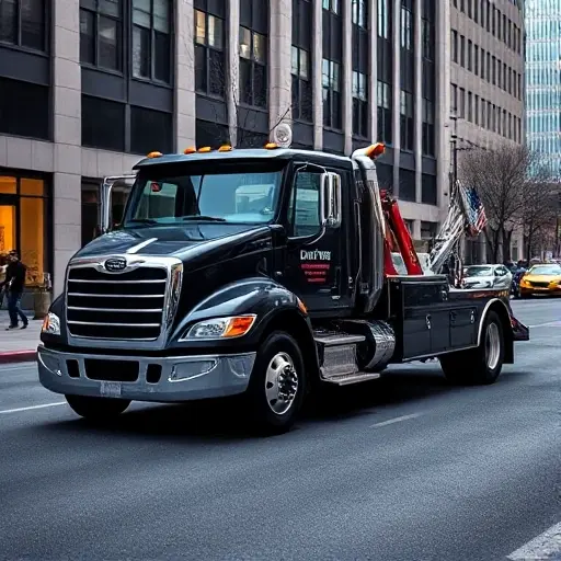 A sleek tow truck parked on a city street, its cab open to reveal a high-tech digital dashboard displaying a stylized website interface for towing services. The scene emphasizes the modern integration of towing and online booking, with subtle lighting and a clean, professional atmosphere. No text or lettering should appear in the image.