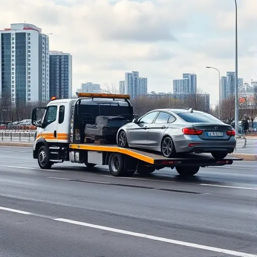 A tow truck pulling a new or damaged car in an urban setting between Moscow and Ryazan, with a clear cityscape background, no text or lettering in the image