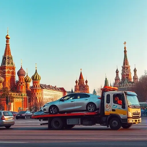 Эвакуатор Москва: Полное руководство по выбору и заказу A realistic scene of a tow truck in Moscow, with the city's skyline featuring recognizable landmarks such as the Kremlin and St. Basil's Cathedral in the background, the tow truck is lifting a broken down car onto its platform on a busy urban street under a clear sky, no text or signage