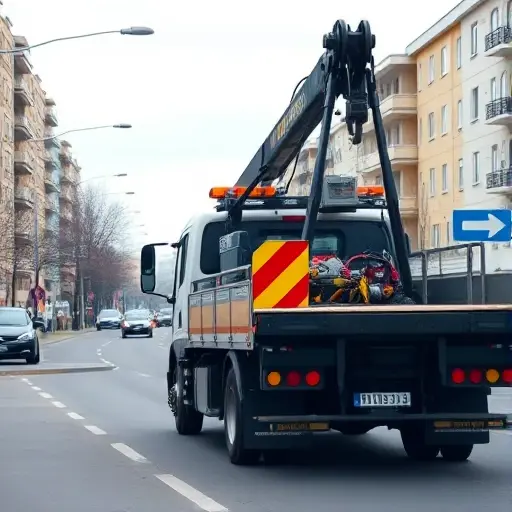 Эвакуатор в районе Войковский: Полное руководство A realistic scene of a tow truck (evacuator) operating on a city street in the Voykovsky district, with typical Moscow residential buildings, street signs blurred, and a clear view of the truck's hook and platform, under a slightly overcast sky, without any text, logos, or visible license plates