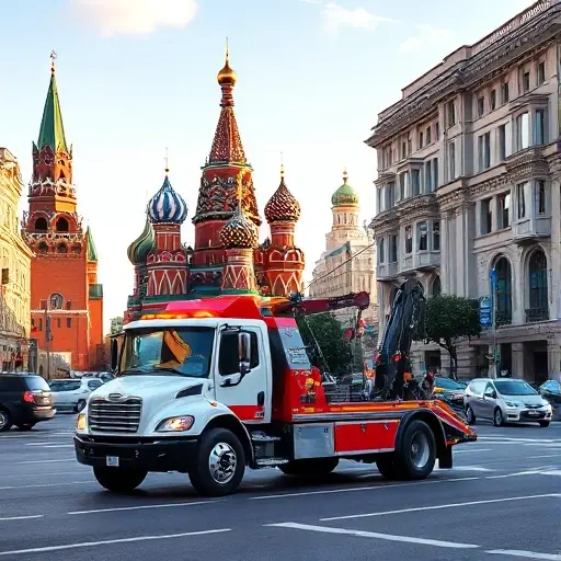 Лоджик Сити Эвакуатор Москва: Полный План Статьи A realistic city scene of Moscow featuring a modern tow truck parked on a busy street near iconic landmarks such as the Kremlin and Saint Basil's Cathedral, with the tow truck's hook and lights clearly visible, under a clear sky and bustling urban atmosphere