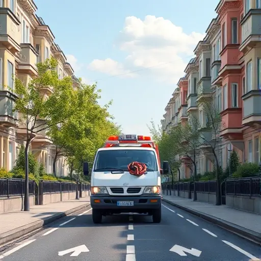 Эвакуатор на 5-й Новоподмосковном переулке: Полное руководство A realistic smallHQ illustration of a tow truck positioned on a narrow urban lane, surrounded by typical Moscow residential buildings, street trees, and a paved road with traffic markings under a clear sky. The scene focuses on the tow truck, showing its hook and lights, without any visible signage, letters, or numbers.