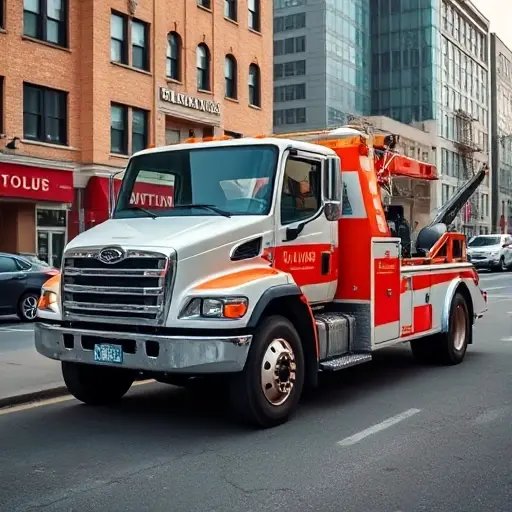 A reliable and affordable tow truck parked on a city street, ready for service, smallHQ style