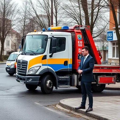A realistic scene of a tow truck parked on a street in Belarus, with a police car in the background and an insurance company representative in a business suit standing nearby, all depicted without any text or lettering.