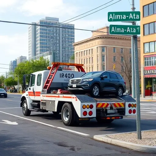 Вызов Эвакуатора на Алма-Атинской Улице: Полное Руководство A realistic depiction of a tow truck parked on Alma-Ata Street, with a city street background, a car being towed, and a street sign indicating Alma-Ata Street, all in a natural setting, no text or lettering