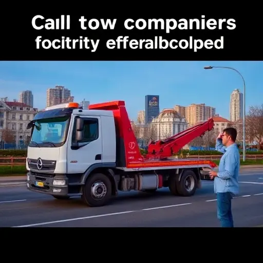 A tow truck parked on a street in Volgograd, with the city’s skyline in the background. A person stands beside the truck holding a phone, looking at the screen as if making a call. The scene conveys the idea of calling tow companies for affordable service, with a clear, realistic style and no visible text or signage.