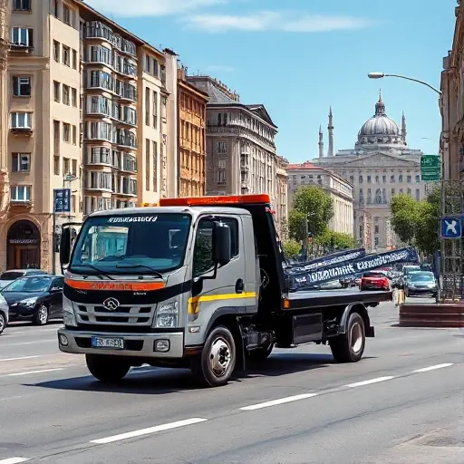 A realistic scene of a modern tow truck with a flatbed, parked on a busy street in the western part of Moscow. The background shows typical Moscow architecture with apartment buildings, street signs in Russian, and a hint of the Moscow River skyline. The sky is clear, and the street is bustling with cars and pedestrians, emphasizing the tow truck's role in urban assistance. The image should focus on the vehicle and the urban environment without any text or logos.