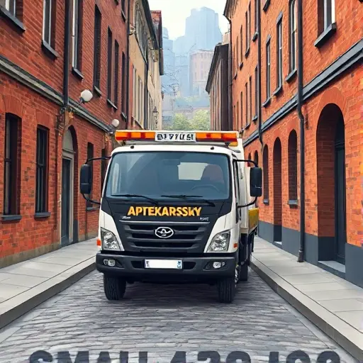 Эвакуатор в Аптекарском переулке: Полное руководство A realistic smallHQ illustration of a tow truck (evacuator) parked on a narrow, historic street named Aptekarsky Lane, with cobblestone pavement, old brick buildings on both sides, and a subtle hint of a cityscape in the background. The scene should convey a professional yet approachable atmosphere, focusing on the vehicle and the charming urban environment, without any text or signage.