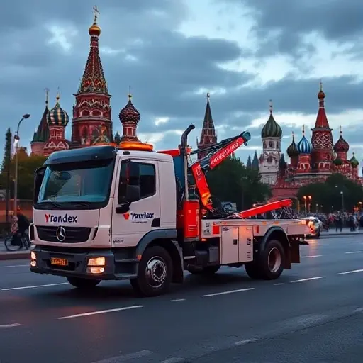 A Yandex-branded tow truck parked on a Moscow street, with iconic landmarks such as St. Basil's Cathedral or the Kremlin in the background, showing a cityscape at dusk