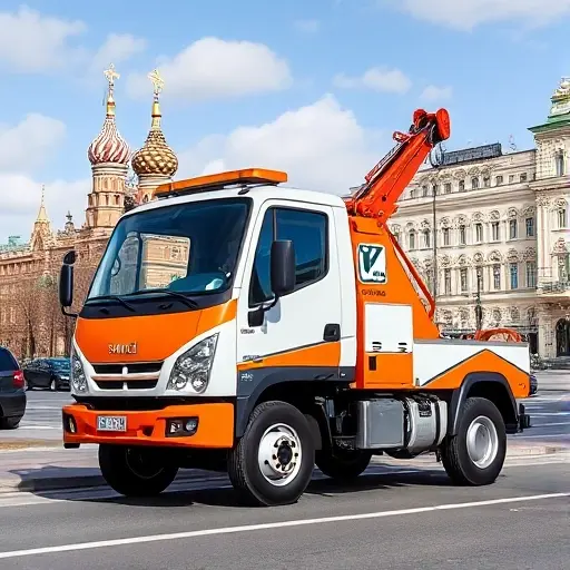 Эвакуатор Шмель Москва: Полное Руководство A compact, modern tow truck model "Shmel" parked on a Moscow street, with recognizable Russian architecture and cityscape in the background under a clear sky. The vehicle shows its distinctive orange and white colors, hook, and lights, with no people or text.