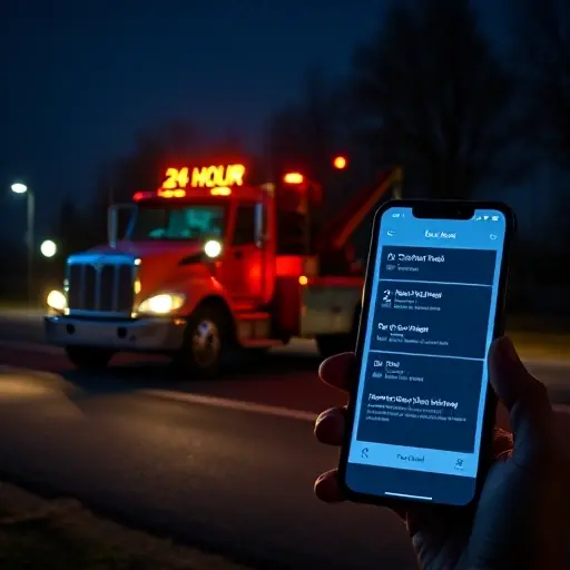 A tow truck parked on a dark road at night, with a glowing clock on its side indicating 24-hour service, and a smartphone in the foreground showing a generic app interface for online ordering, all depicted without any text, letters, or digits.
