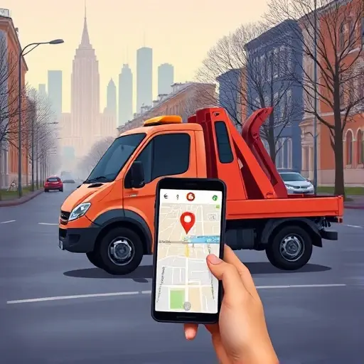 A realistic smallHQ style illustration of a compact tow truck parked on a Moscow street in the South-Eastern Administrative Okrug, with a smartphone on the dashboard displaying a digital map and a location pin, the city skyline faintly in the background, emphasizing affordability and proximity, without any text, logos, or people.