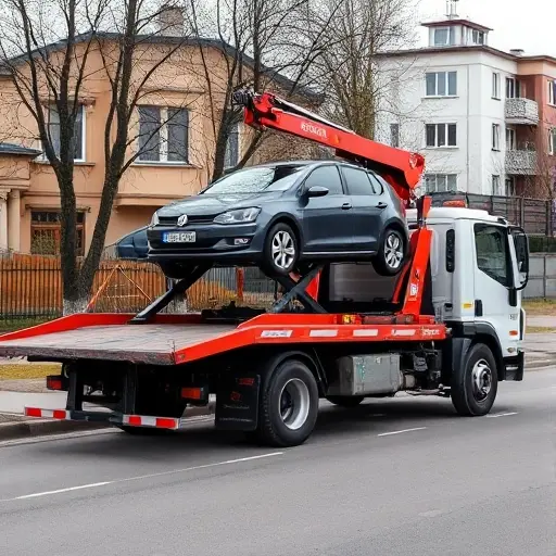 A tow truck equipped with a manipulator arm, positioned in a suburban Russian setting near Pushkino, lifting a stalled car onto its platform. The scene shows the truck's cab, the hydraulic arm extending, and a city street backdrop with modest residential buildings.