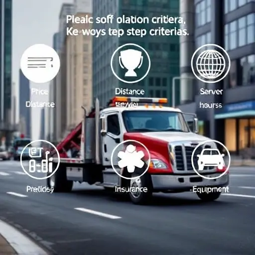A tow truck in a city setting with symbolic icons representing key selection criteria such as price, distance, service hours, insurance, and equipment, all depicted without any text or lettering