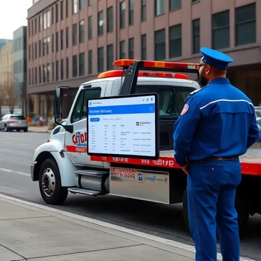 A tow truck parked beside a city parking lot with a digital screen displaying the GIBDD website tariff page, a person in a blue uniform looking at the screen, all in a realistic style, no text or numbers visible