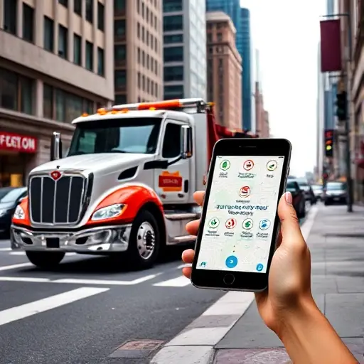 A modern tow truck parked on a bustling city street, with a digital tablet or smartphone displaying a map and icons of online towing service apps, all in a realistic style