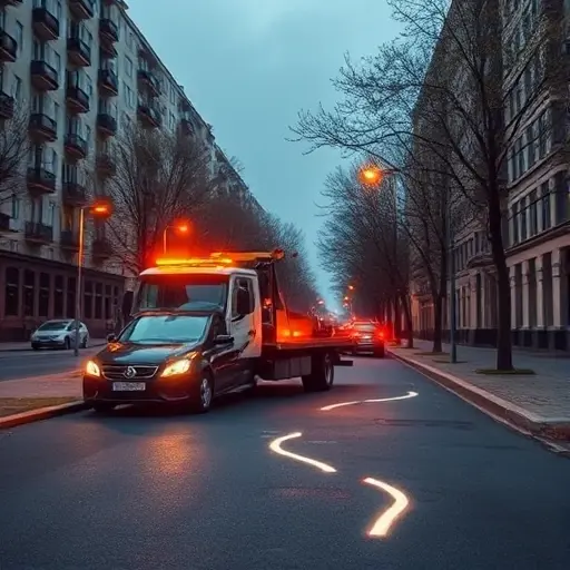 A realistic scene of a modern tow truck parked on a quiet street in the Medvedkovo district of Moscow, with recognizable Moscow apartment buildings and tree-lined sidewalks in the background. The tow truck is illuminated by streetlights, and a subtle visual cue suggests a step-by-step process, such as faint, abstract arrows or glowing footprints leading from a parked car to the tow truck, without any text or symbols. The atmosphere is calm and professional, emphasizing the service of calling a tow truck in an urban Russian setting.