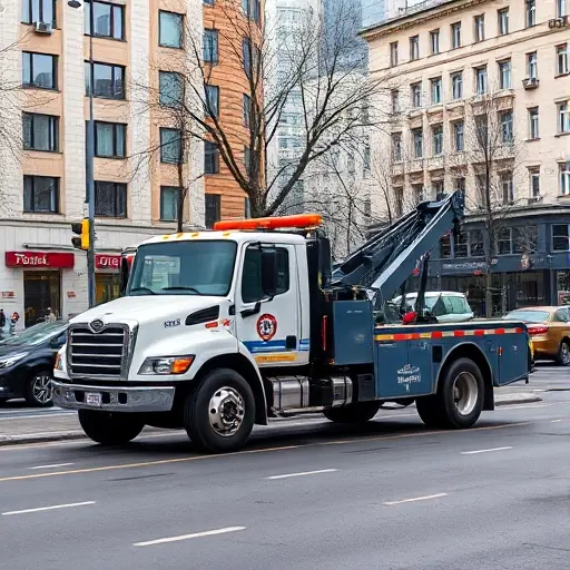 A tow truck parked on Bolshaya Semyonovskaya Street, with a classic city backdrop, no people, no text, no modern cars, no futuristic elements, no logos
