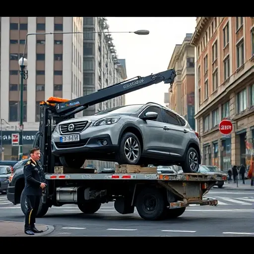 A realistic urban scene showing a tow truck (evacuator) on Avangardnaya Street, with city buildings and streetlights in the background, a driver in a uniform standing beside the truck, and a car being lifted onto the truck's platform, captured in daylight with a clear, detailed view of the street environment, no text or signage