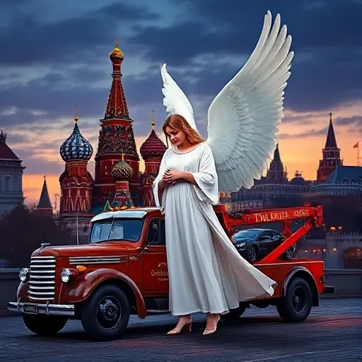 An angelic figure with large wings, wearing a flowing white robe, standing beside a classic tow truck in front of the Moscow skyline featuring St. Basil's Cathedral and the Kremlin, with a car being towed, in a dramatic twilight setting.