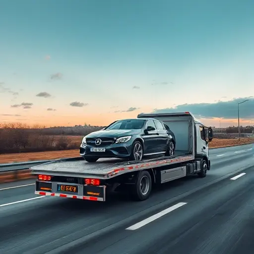 A tow truck traveling on a highway with a car secured on its platform, visualizing the car's weight and dimensions using subtle measurement lines and scale markers, with distant landscape hints of Moscow and Belgorod in the background, rendered in the smallHQ style