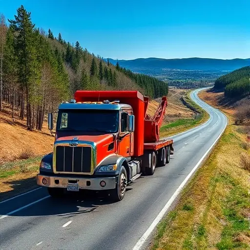 A heavy-duty tow truck parked on a rural road in the Nizhny Novgorod region, surrounded by forest and hills, with a clear blue sky and distant highway scenery.