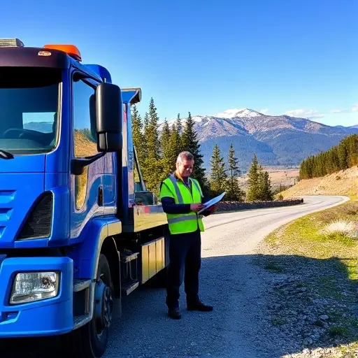 A modern tow truck parked on a scenic Ural mountain road, with pine forests and distant peaks in the background. The truck is bright blue, with a visible towing hook. A mechanic in a reflective safety vest is inspecting the vehicle, holding a clipboard. The scene conveys reliability and readiness, with a clear sky and winding gravel road.