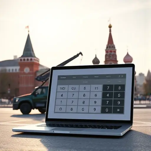 A realistic scene set in Moscow showing a tow truck lifting a car from a street, with the iconic Kremlin silhouette in the background under a clear sky. In the foreground, a sleek laptop or tablet screen is visible, displaying a calculator interface with generic icons and numbers blurred out, emphasizing the concept of an online cost calculator without showing any readable text. The overall composition is clean and professional, focusing on the towing service and digital calculator concept, rendered in the smallHQ style.
