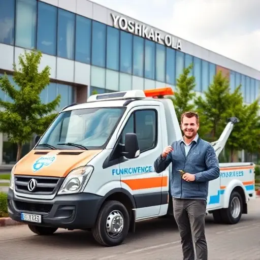 A friendly tow truck parked in front of a modern office building in Yoshkar-Ola, with a smiling customer holding a key, showing a positive service experience