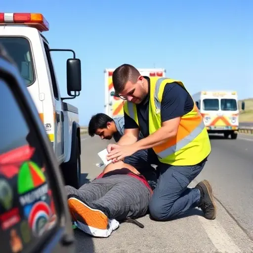 A tow truck operator wearing a reflective vest is providing first aid to a vehicle occupant at a roadside accident scene. The operator uses a first aid kit, checks the victim’s pulse, and applies a bandage. A small ambulance is visible in the background, and the scene is calm with clear sky and no visible weapons or gore.
